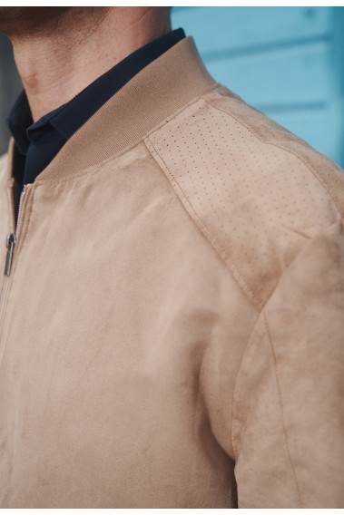 Zoom sur le col en jersey du blouson PENANG suède beige