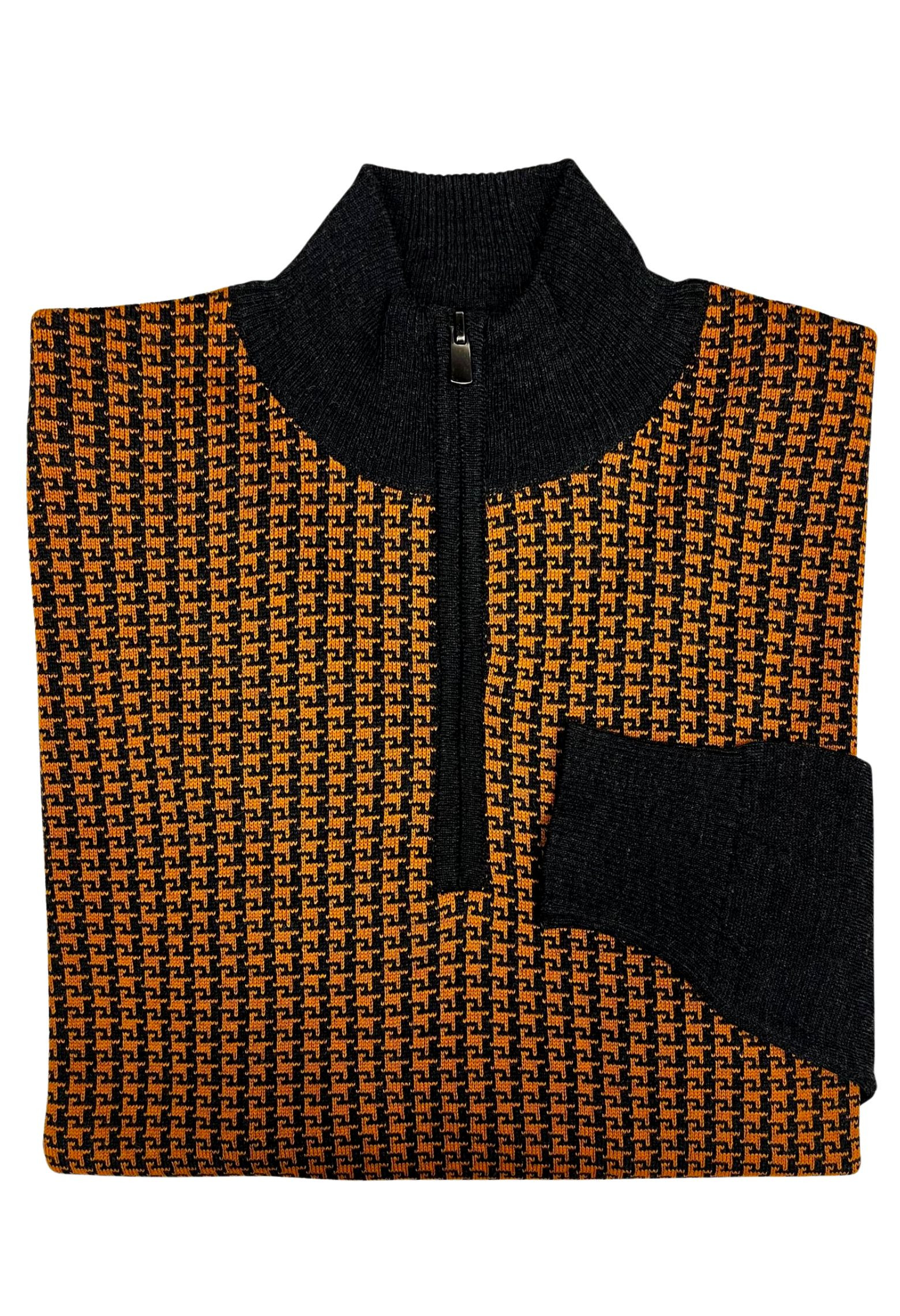 Camionneur pied de poule orange : col camionneur à fermeture éclair, coupe regular.