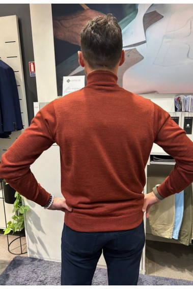 Homme de dos portant le col roulé rouille. Coupe regular.
